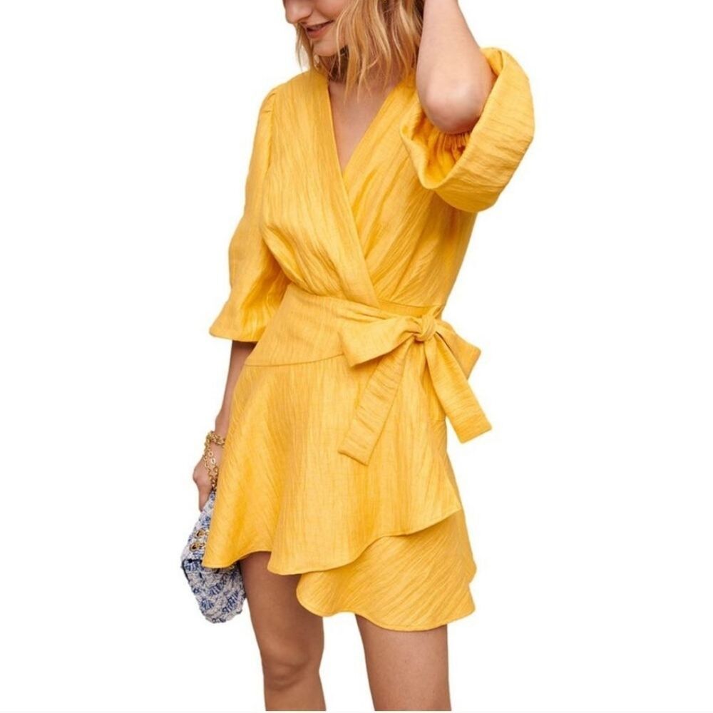Maje Rifilo Yellow Linen Wrap Dress Size 42 Or 8 - Picture 1 of 16